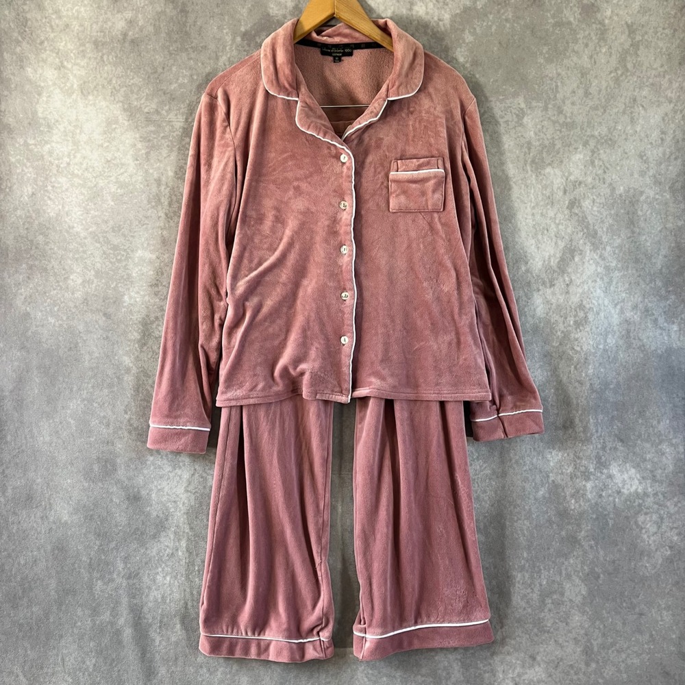 House of Harlow Pajama Set Women Medium Pink Velour Button Down Long Sleeve Pant